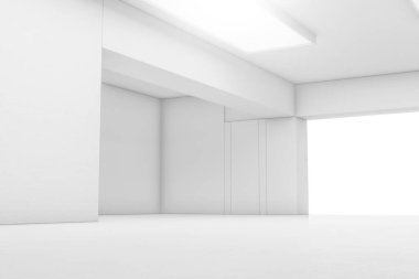 Kapısı ve parlayan ışığı olan soyut beyaz bir oda. İç mekan konsepti. 3d illüstrasyon