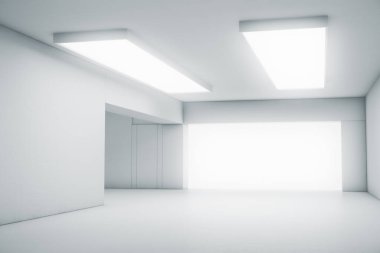 Kapısı ve parlayan ışığı olan soyut beyaz bir oda. İç mekan konsepti. 3d illüstrasyon