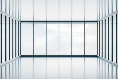 Ön büyük salon ve yansıma katlı geniş pencere. Gökyüzü görüntüsü ve gündüz arkaplanı. Modern iç mekan konsepti. 3B Hazırlama
