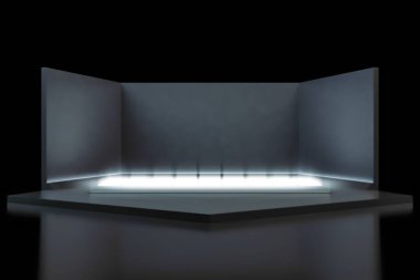 Açık fütüristik arka planı olan modern karanlık sahne olayı. Geleceğin teknolojisi bilim kurgu hi-tech konsepti. 3d oluşturma