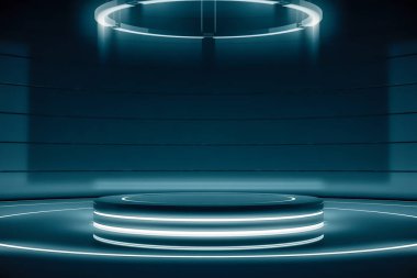Avize ile birlikte fütüristik yuvarlak kaide ya da platform. Boş ürün poduimi ya da ayakta. Parlak ışıkla gelecek boş sahne. Tasarım için gelecek arka plan. 3d oluşturma