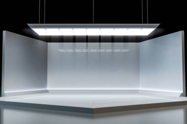 Işık fütüristik arka plana sahip modern beyaz sahne etkinliği. Geleceğin teknolojisi bilim kurgu hi-tech konsepti. 3d oluşturma