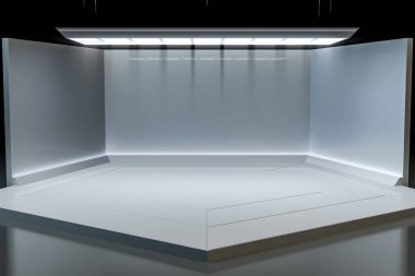 Işık fütüristik arka plana sahip modern beyaz sahne etkinliği. Geleceğin teknolojisi bilim kurgu hi-tech konsepti. 3d oluşturma