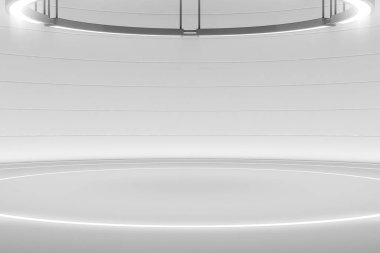 Chandelier 'in fütüristik kaidesi veya platformu. Boş ürün poduimi ya da ayakta. Parlak ışıkla gelecek boş sahne. Gelecekteki geçmişi. 3d oluşturma