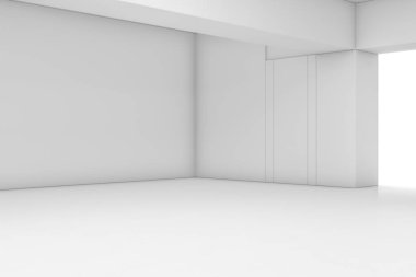 Kapısı ve parlayan ışığı olan soyut beyaz bir oda. İç mekan konsepti. 3d illüstrasyon