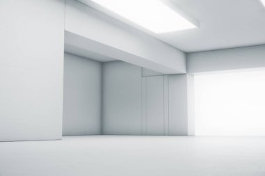 Kapısı ve parlayan ışığı olan soyut beyaz bir oda. İç mekan konsepti. 3d illüstrasyon