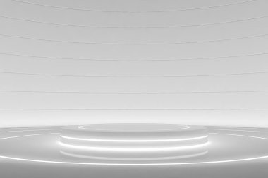 Göstermek için fütüristik yuvarlak kaide ya da platform. Boş ürün poduimi ya da ayakta. Parlak ışıkla gelecek boş sahne. Tasarım teknolojisi bilim kurgu iç konsepti için gelecekteki arka plan. 3d oluşturma