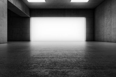 Kapısı ve parlayan ışığı olan boş bir beton oda. İç mekan konsepti. 3d illüstrasyon