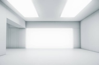 Kapısı ve parlayan ışığı olan soyut beyaz bir oda. İç mekan konsepti. 3d illüstrasyon