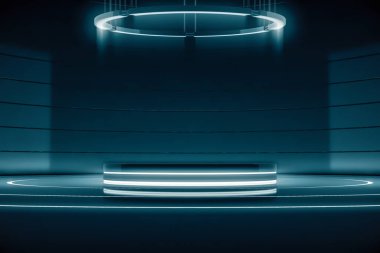 Avize ile birlikte fütüristik yuvarlak kaide ya da platform. Boş ürün poduimi ya da ayakta. Parlak ışıkla gelecek boş sahne. Tasarım için gelecek arka plan. 3d oluşturma