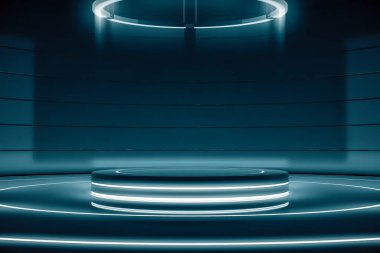 Avize ile birlikte fütüristik yuvarlak kaide ya da platform. Boş ürün poduimi ya da ayakta. Parlak ışıkla gelecek boş sahne. Tasarım için gelecek arka plan. 3d oluşturma
