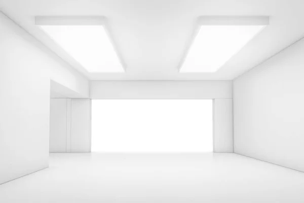 空荡荡的抽象的白色房间 有大门和发光的光 内部概念背景 3D说明 — 图库照片