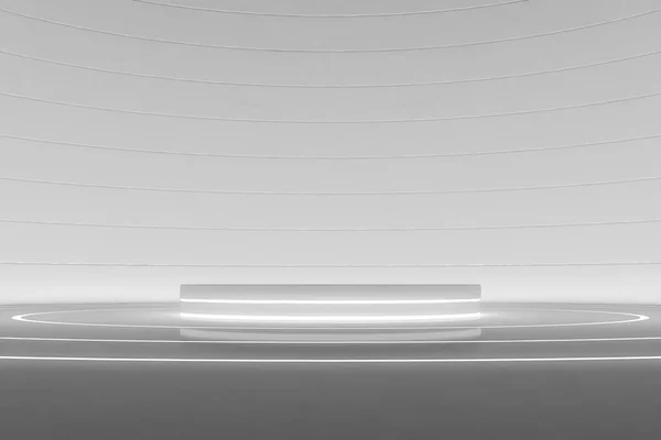 ディスプレイ用の未来的な円形の台座またはプラットフォーム ブランク製品の表彰台またはスタンド 明るい光で未来の空のステージ 今後のデザイン技術の背景Sci Fiインテリアコンセプト 3Dレンダリング — ストック写真