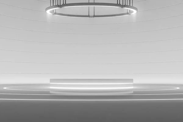 Futuristic round pedestal or platform with Chandelier. Blank product poduim or stand. Future empty stage with glow light. Future background. 3d rendering