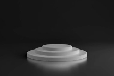 Siyah arka planı olan yuvarlak beyaz sahne podyumu. Yaya taşı. Ödül töreni sahnesi. 3d oluşturma.