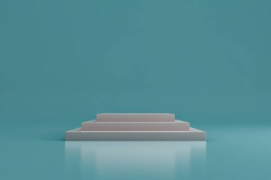 Mavi arkaplanlı beyaz sahne podyumu. Yaya taşı. Ödül töreni sahnesi. 3d oluşturma