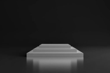 Beyaz sahne podyumu, arka planı karanlık. Yaya taşı. Ödül töreni sahnesi. 3d oluşturma.