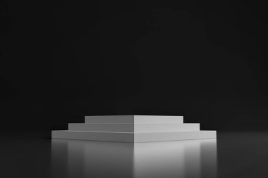 Beyaz sahne podyumu, arka planı karanlık. Yaya taşı. Ödül töreni sahnesi. 3d oluşturma.