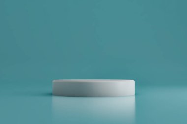 Mavi arka planı olan yuvarlak beyaz sahne podyumu. Yaya taşı. Ödül töreni sahnesi. 3d oluşturma.