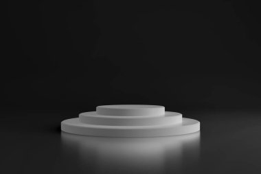 Siyah arka planı olan yuvarlak beyaz sahne podyumu. Yaya taşı. Ödül töreni sahnesi. 3d oluşturma.