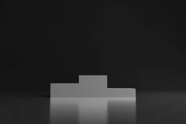 Beyaz sahne podyumu, arka planı karanlık. Yaya taşı. Ödül töreni sahnesi. 3d oluşturma.