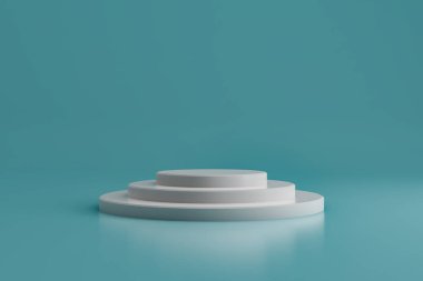 Mavi arka planı olan yuvarlak beyaz sahne podyumu. Yaya taşı. Ödül töreni sahnesi. 3d oluşturma.