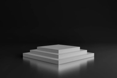 Beyaz sahne podyumu, arka planı karanlık. Yaya taşı. Ödül töreni sahnesi. 3d oluşturma.
