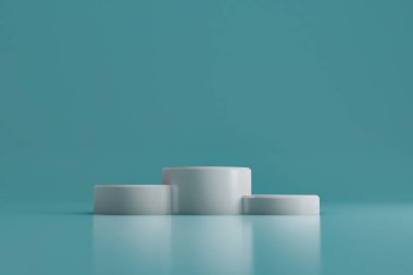 Mavi arka planı olan yuvarlak beyaz sahne podyumu. Yaya taşı. Ödül töreni sahnesi. 3d oluşturma.