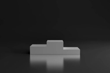Beyaz sahne podyumu, arka planı karanlık. Yaya taşı. Ödül töreni sahnesi. 3d oluşturma.