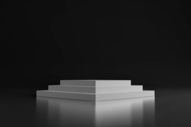 Beyaz sahne podyumu, arka planı karanlık. Yaya taşı. Ödül töreni sahnesi. 3d oluşturma.