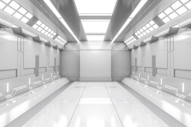 Işıklı geleceksel tünel. Beyaz Uzay Gemisi Koridoru iç görünümü. Geleceğin geçmişi, iş geçmişi, bilim kurgu veya bilim konsepti. 3B Hazırlama.