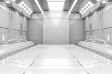 Işıklı geleceksel tünel. Beyaz Uzay Gemisi Koridoru iç görünümü. Geleceğin geçmişi, iş geçmişi, bilim kurgu veya bilim konsepti. 3B Hazırlama.