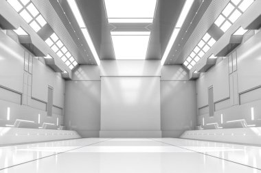 Işıklı geleceksel tünel. Beyaz Uzay Gemisi Koridoru iç görünümü. Geleceğin geçmişi, iş geçmişi, bilim kurgu veya bilim konsepti. 3B Hazırlama.