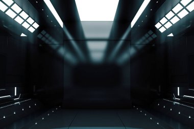 Işıklı geleceksel tünel. Uzay gemisi koridoru iç görünümü. Geleceğin geçmişi, iş dünyası, bilim kurgu veya bilim konsepti. 3B Hazırlama.
