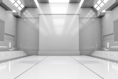 Işıklı geleceksel tünel. Beyaz Uzay Gemisi Koridoru iç görünümü. Geleceğin geçmişi, iş geçmişi, bilim kurgu veya bilim konsepti. 3B Hazırlama.