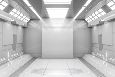 Işıklı geleceksel tünel. Beyaz Uzay Gemisi Koridoru iç görünümü. Geleceğin geçmişi, iş geçmişi, bilim kurgu veya bilim konsepti. 3B Hazırlama.