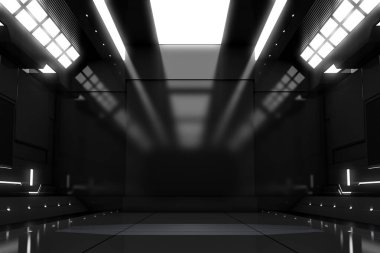 Işıklı geleceksel tünel. Siyah Uzay Gemisi Koridoru iç görünümü. Geleceğin geçmişi, iş geçmişi, bilim kurgu veya bilim konsepti. 3B Hazırlama.