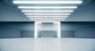 Boş fütüristik iç mekan. Moda podyumu. Podyum pisti sahnesi. Zarif kaide platformu. 3B Hazırlama