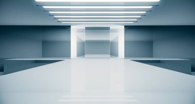 Boş fütüristik iç mekan. Moda podyumu. Podyum pisti sahnesi. Zarif kaide platformu. 3B Hazırlama