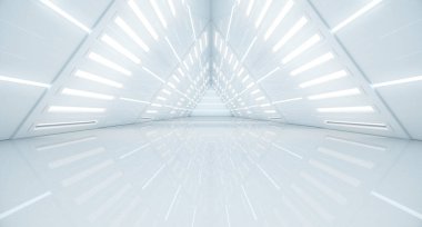 Soyut Üçgen Uzay Gemisi koridoru. Işıklı geleceksel tünel. Geleceğin iç mimarisi, iş dünyası, bilim kurgu konsepti. 3d oluşturma