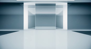 Boş fütüristik iç mekan. Moda podyumu. Podyum pisti sahnesi. Zarif kaide platformu. 3B Hazırlama