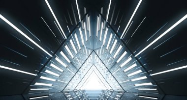 Soyut Üçgen Uzay Gemisi koridoru. Işıklı geleceksel tünel. Geleceğin iç mimarisi, iş dünyası, bilim kurgu konsepti. 3d oluşturma
