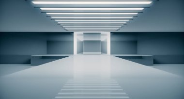 Boş fütüristik iç mekan. Moda podyumu. Podyum pisti sahnesi. Zarif kaide platformu. 3B Hazırlama