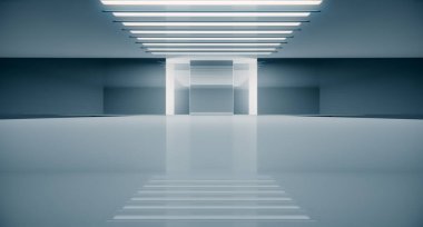 Boş fütüristik iç mekan. Moda podyumu. Podyum pisti sahnesi. Zarif kaide platformu. 3B Hazırlama