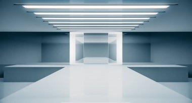 Boş fütüristik iç mekan. Moda podyumu. Podyum pisti sahnesi. Zarif kaide platformu. 3B Hazırlama