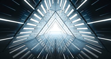 Soyut Üçgen Uzay Gemisi koridoru. Işıklı geleceksel tünel. Geleceğin iç mimarisi, iş dünyası, bilim kurgu konsepti. 3d oluşturma