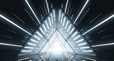 Soyut Üçgen Uzay Gemisi koridoru. Işıklı geleceksel tünel. Geleceğin iç mimarisi, iş dünyası, bilim kurgu konsepti. 3d oluşturma