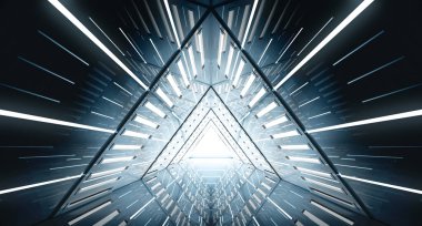 Soyut Üçgen Uzay Gemisi koridoru. Işıklı geleceksel tünel. Geleceğin iç mimarisi, iş dünyası, bilim kurgu konsepti. 3d oluşturma