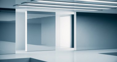 Boş fütüristik iç mekan. Moda podyumu. Podyum pisti sahnesi. Zarif kaide platformu. 3B Hazırlama