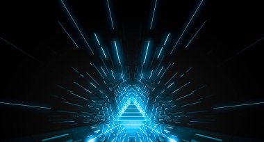 Soyut Üçgen ışık koridoru. Fütürist tünel. Geleceğin iç mimarisi, iş dünyası, bilim kurgu konsepti. 3d oluşturma